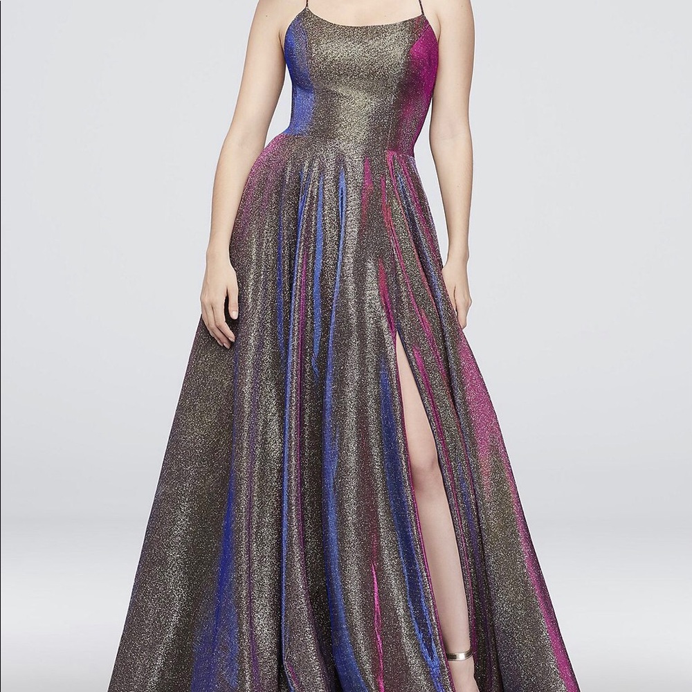 Iridescent lace up back prom dress